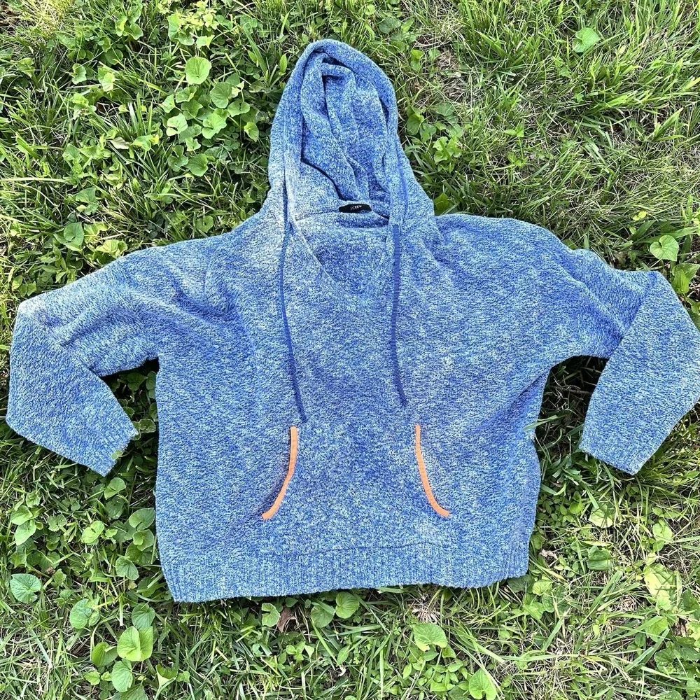J. Crew Women's Sz L Marled Blue Pullover‎ Hoodie Long Sleeve Orange Trim V-neck